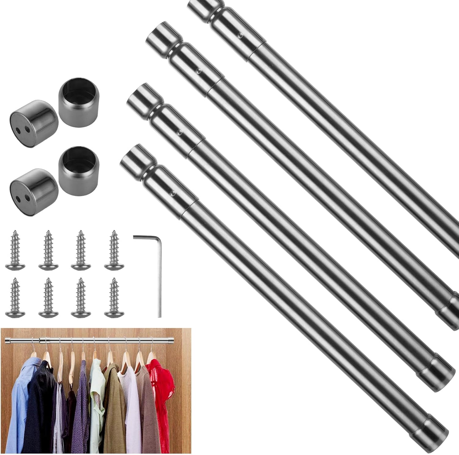 YOUNTHYE 4PCS Extendable Wardrobe Rail 4070cm, Stainless Steel Hanging Rail for Wardrobe, Heavy