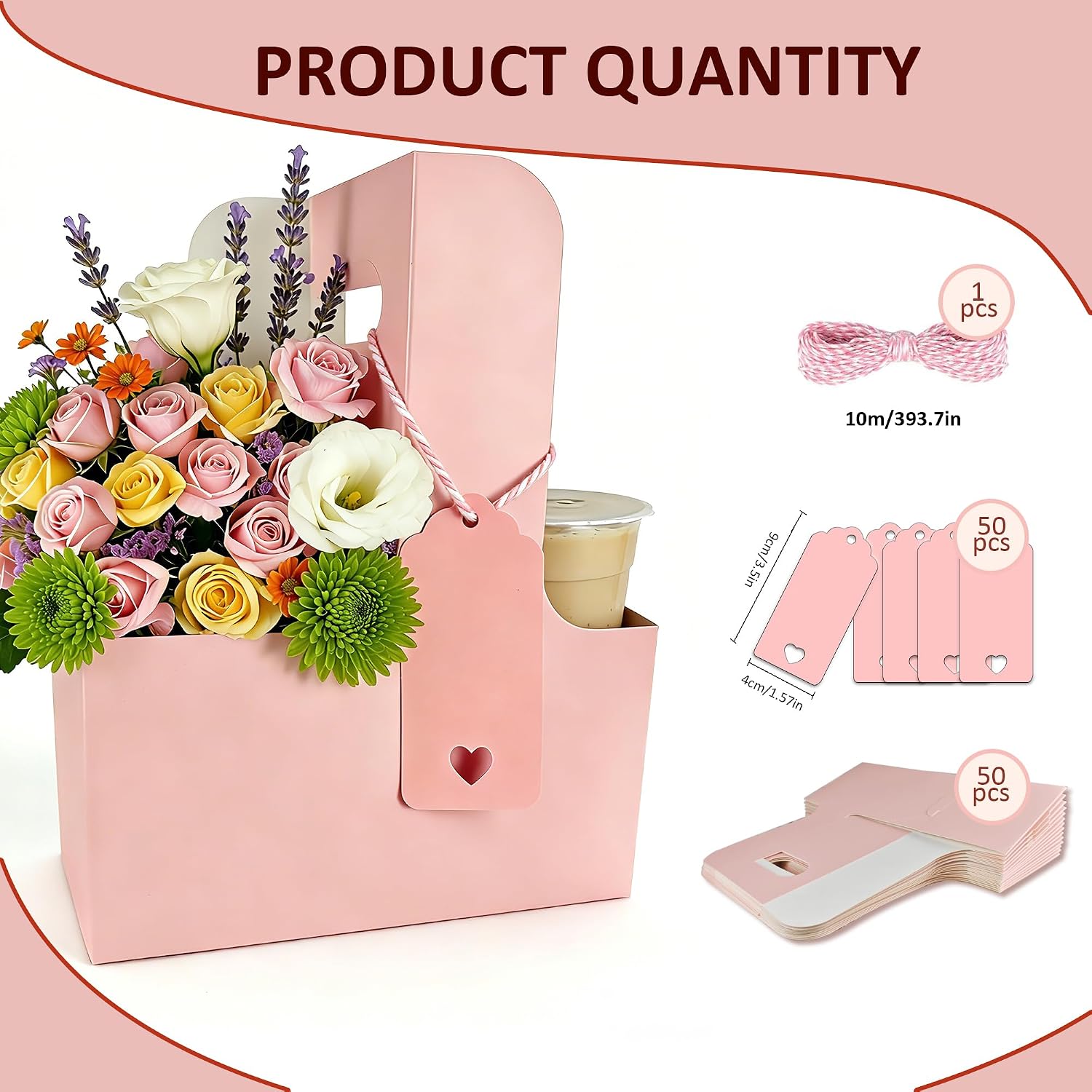 50 Pack Pink 2 Cup Drink Carrier with Handle, Disposable Cardboard Coffee Cup Holder for Hot or Cold Drinks, Coffee Carrier with Ribbon & Card for Food Delivery, Takeout and Bouquet Arrangement