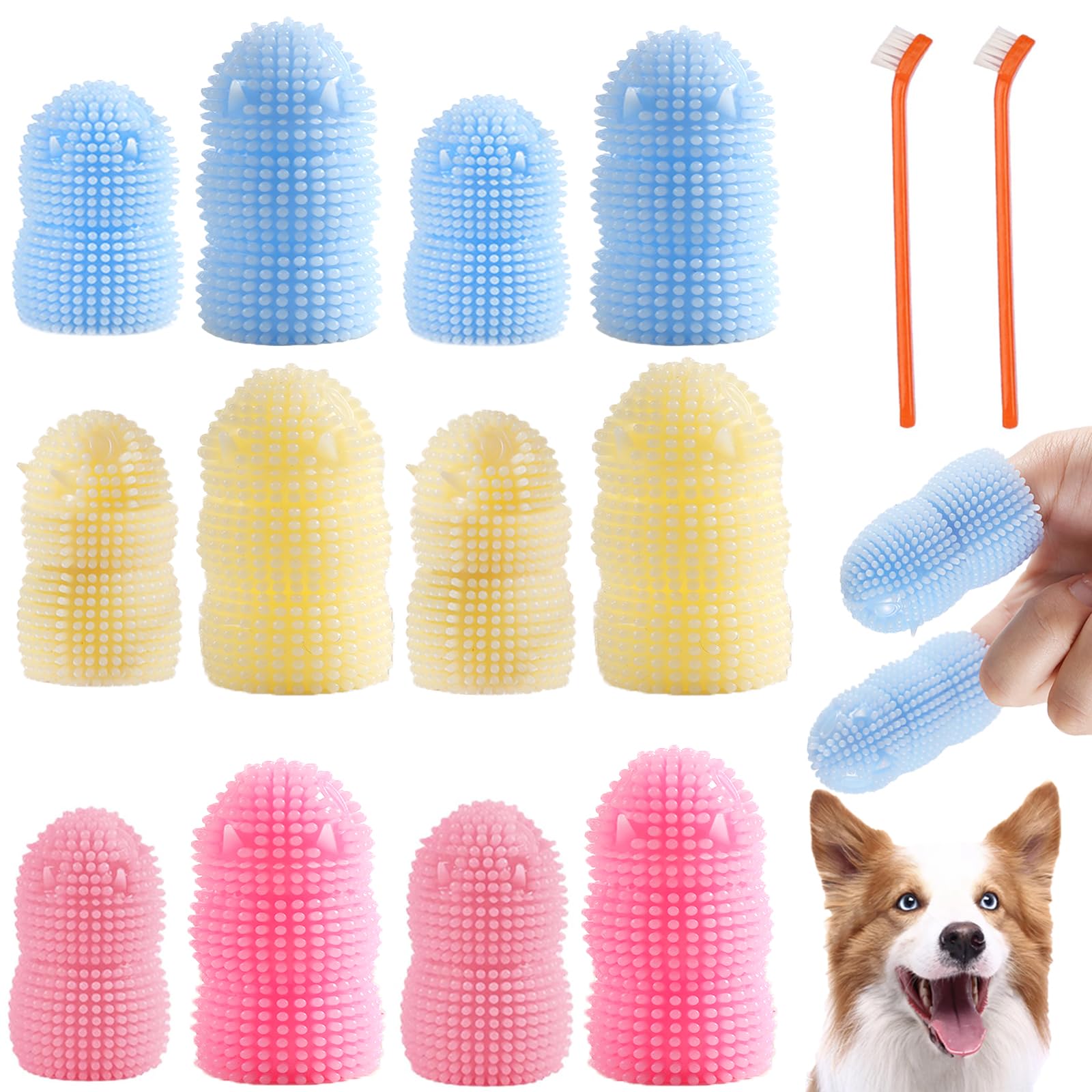 Gudnis 12Pack Dog Finger Toothbrush Kit, Dog Teeth Cleaning & Dental Care, Blue, Pink, Yellow