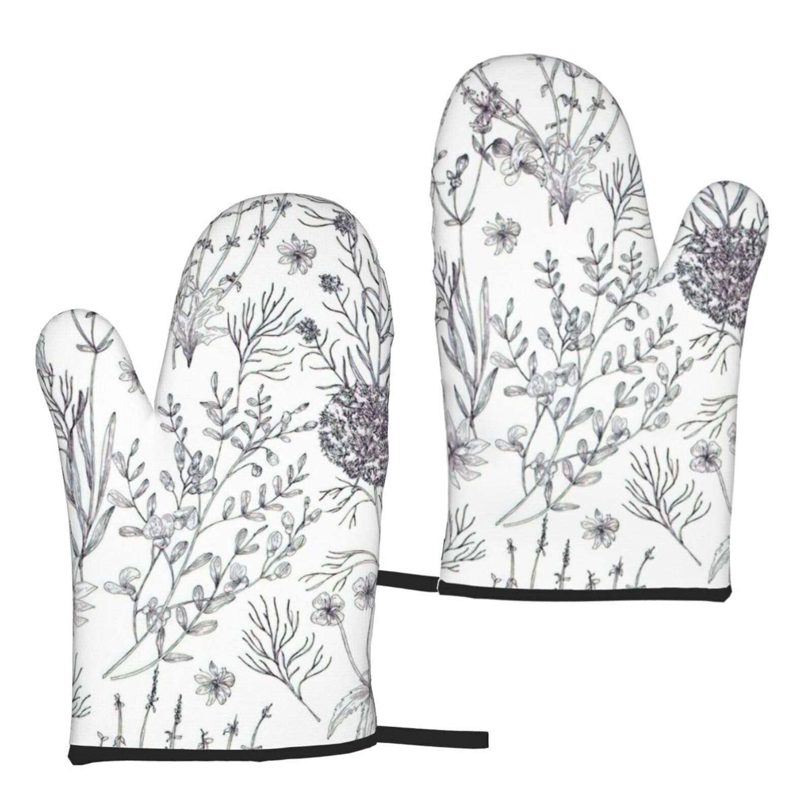 Nimongt Women's Black Flowering Herbs And Herbaceous Plants Print Adults Universal Fit Heat Resistant Oven Gloves Reusable Cooking Outdoor Grilling