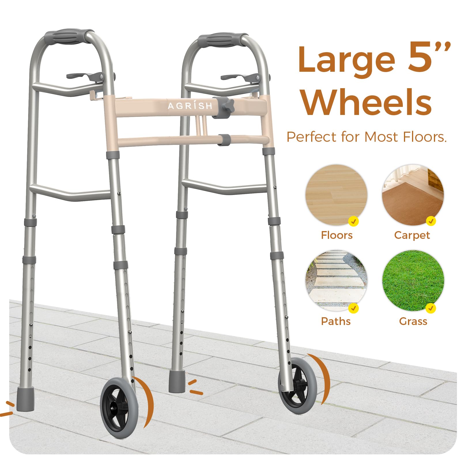 Deambulatore stretto pieghevole per anziani – Telaio leggero con ruote, larghezza e altezza regolabili, portata 160 kg, struttura compatta in alluminio per disabili