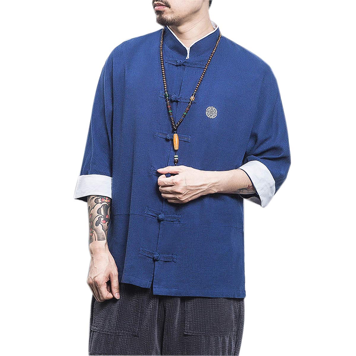 PRIJOUHE - Cardigan kimono uomo, stile giapponese, cotone e lino, a sette maniche, leggero