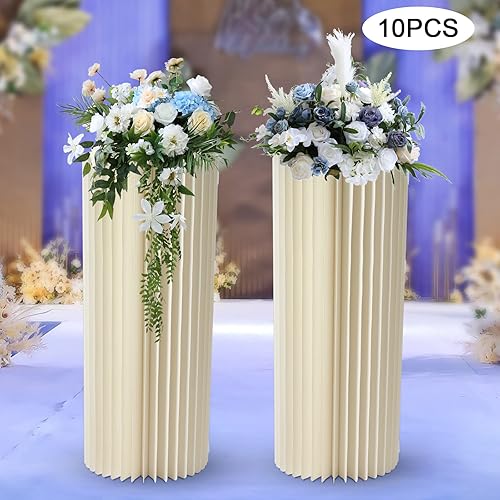 Miniatura 3 de Columnas de papel plegables, 10 pedestales de exhibición, centros de mesa de boda color blanco crema, soporte de flores cilíndricas, pilar romano de