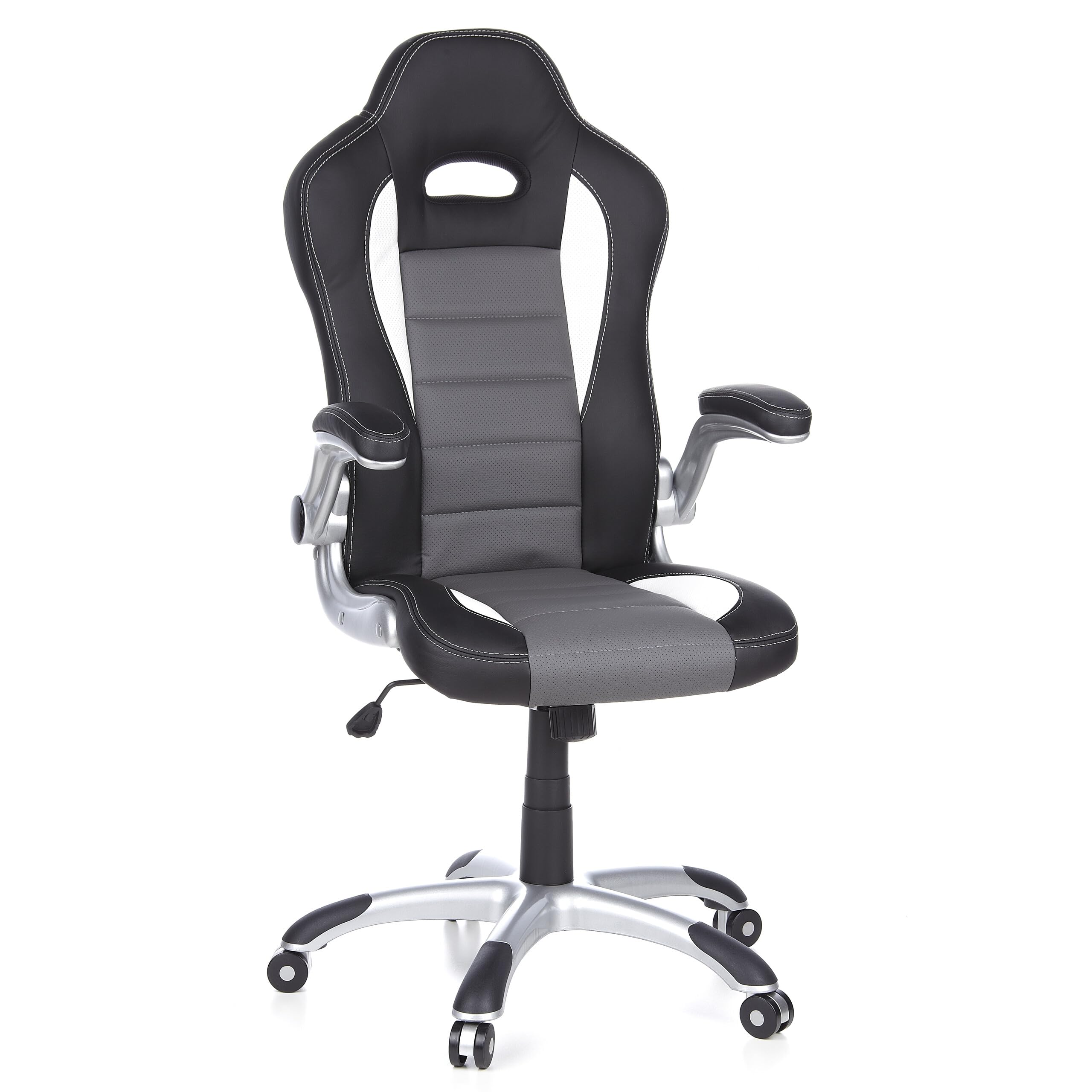HJH Office 621710 Sedia da Ufficio Girevole GAME SPORT Pelle Sintetica, Poltrona da Gaming, Braccioli ripiegabile, Nero/Bianco/Grigio