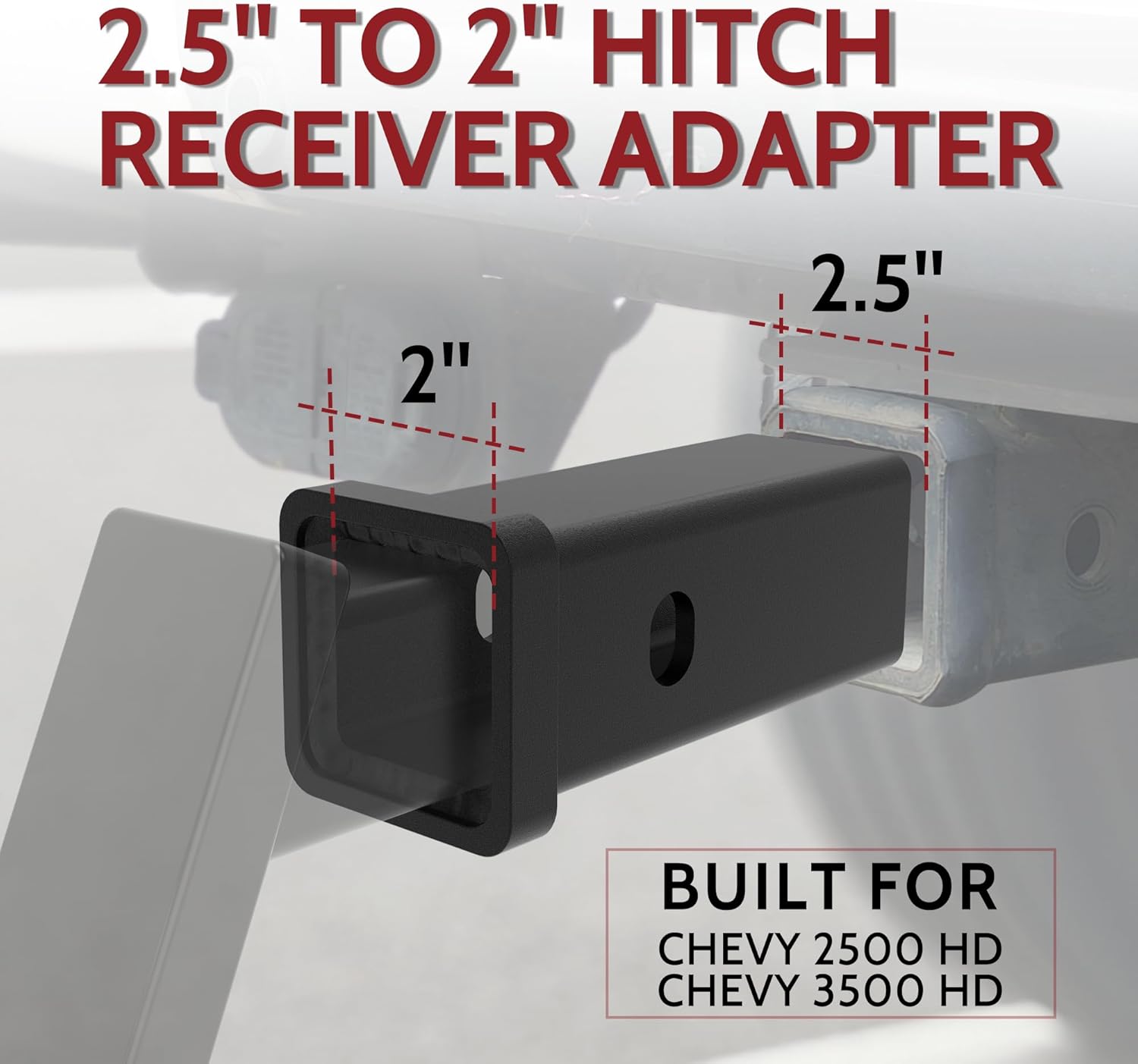 2.5 Inch to 2 Inch Hitch Reducer for Chevy Silverado GMC Sierra 2500 HD 3500 HD Accessories, Push in with Confidence Pefcect Alignment Hitch Receiver Adapter
