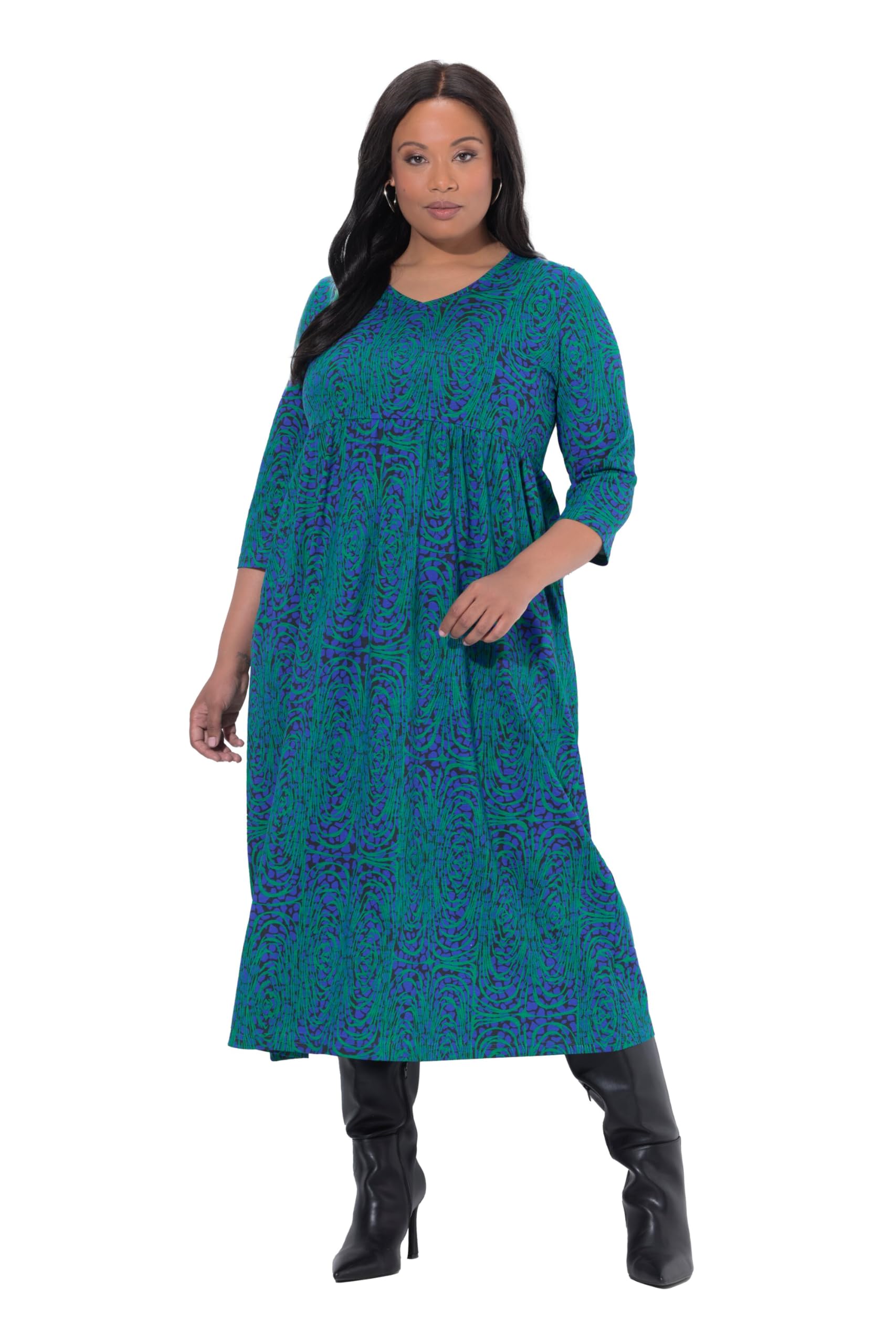 Ulla Popken Damen große Größen Übergrößen Plus Size Maxikleid, Animal, A-Linie, V-Ausschnitt, 3/4-Arm 847072