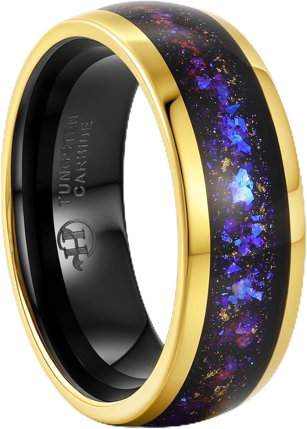 Men's Tungsten Carbide Ring with Blue & Purple Opal Inlay - 8mm Smooth Wedding Band, Gold Accent Comortable Fit