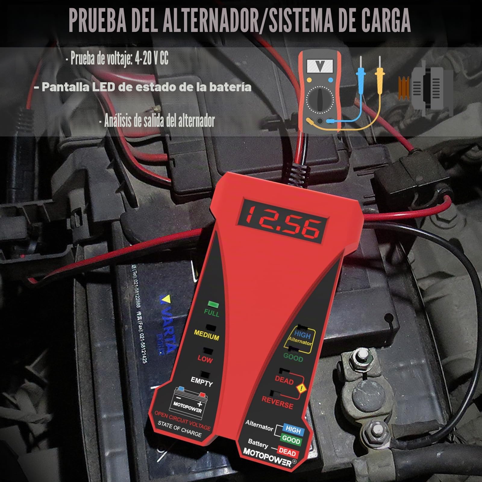 MOTOPOWER 12V Comprobador Digital de batería con voltímetro y Sistema de Carga alternador con Pantalla LCD e indicador LED (c) - Rojo)