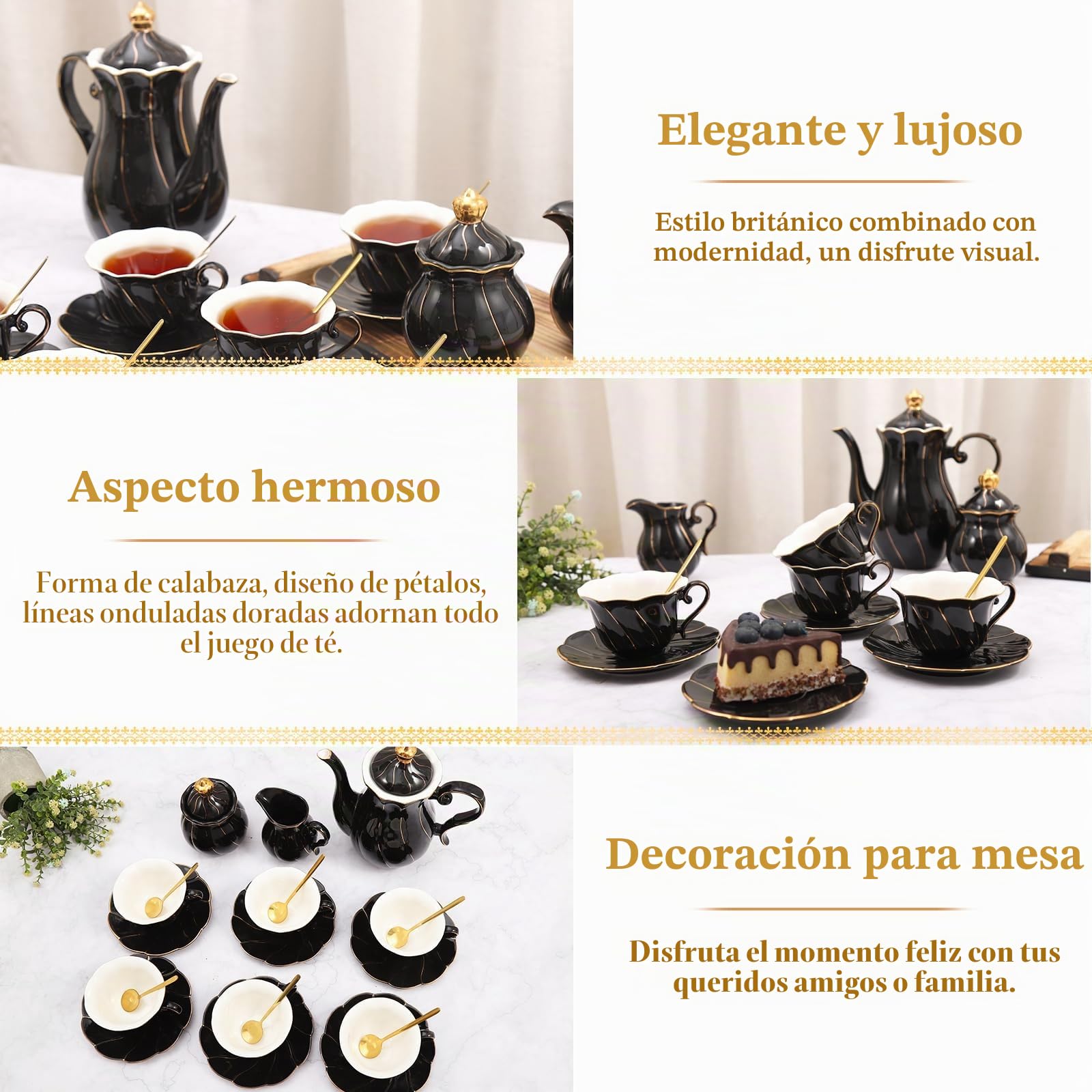 DUJUST Juego de té de porcelana de 22 piezas para 6, juego de tazas de té y café de estilo británico de lujo con borde dorado, hermoso juego de té para mujeres, juego de fiesta de té, paquete de