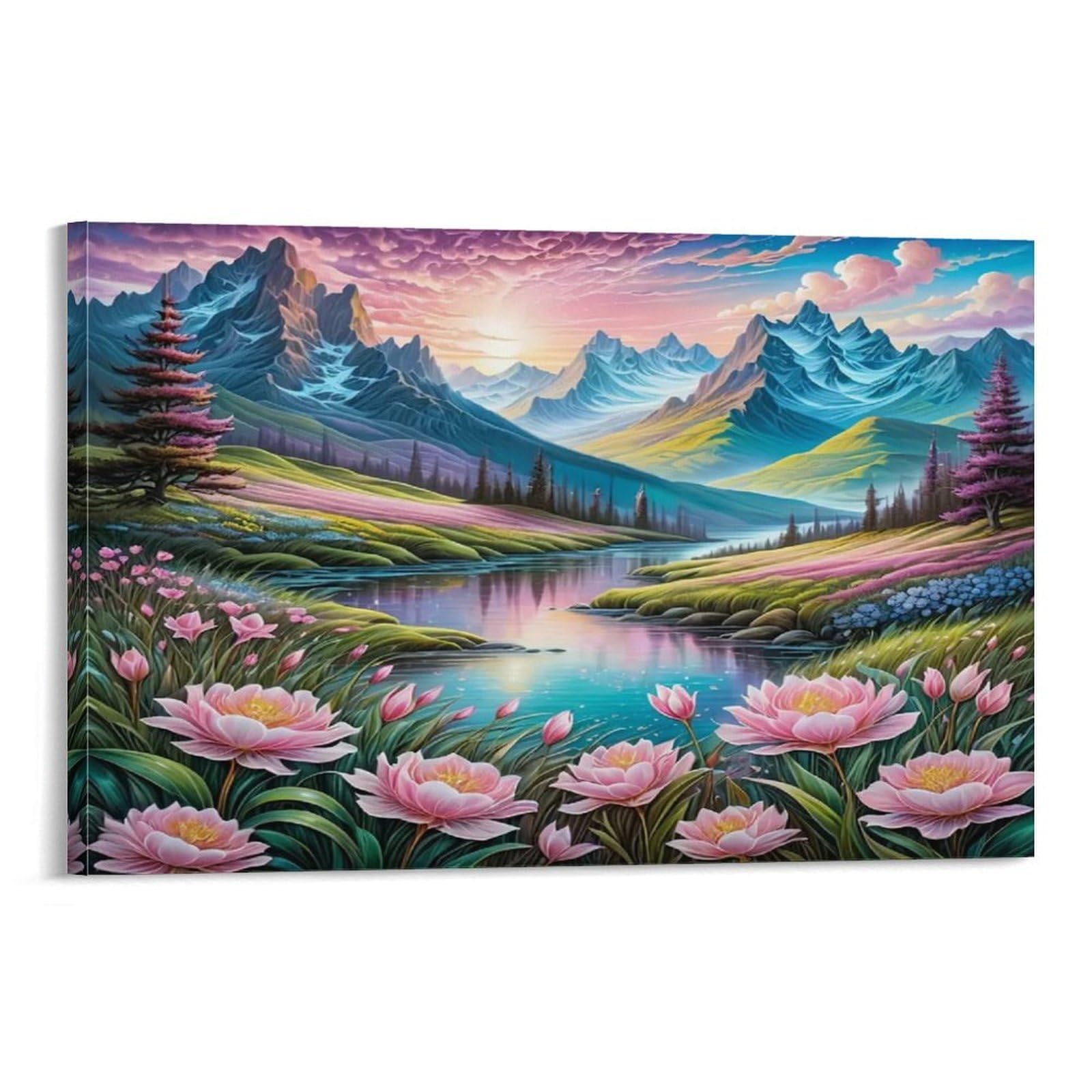 CPLVKWRQJ Spring Mountain Landscape with Waterfalls Pastel Mountain Valley Lake with Pink Peonies Framed Canvas Art - Office Wall Decor Multi-Purpose Fade Resistant Statement Piece 16x24inch(40x60cm)