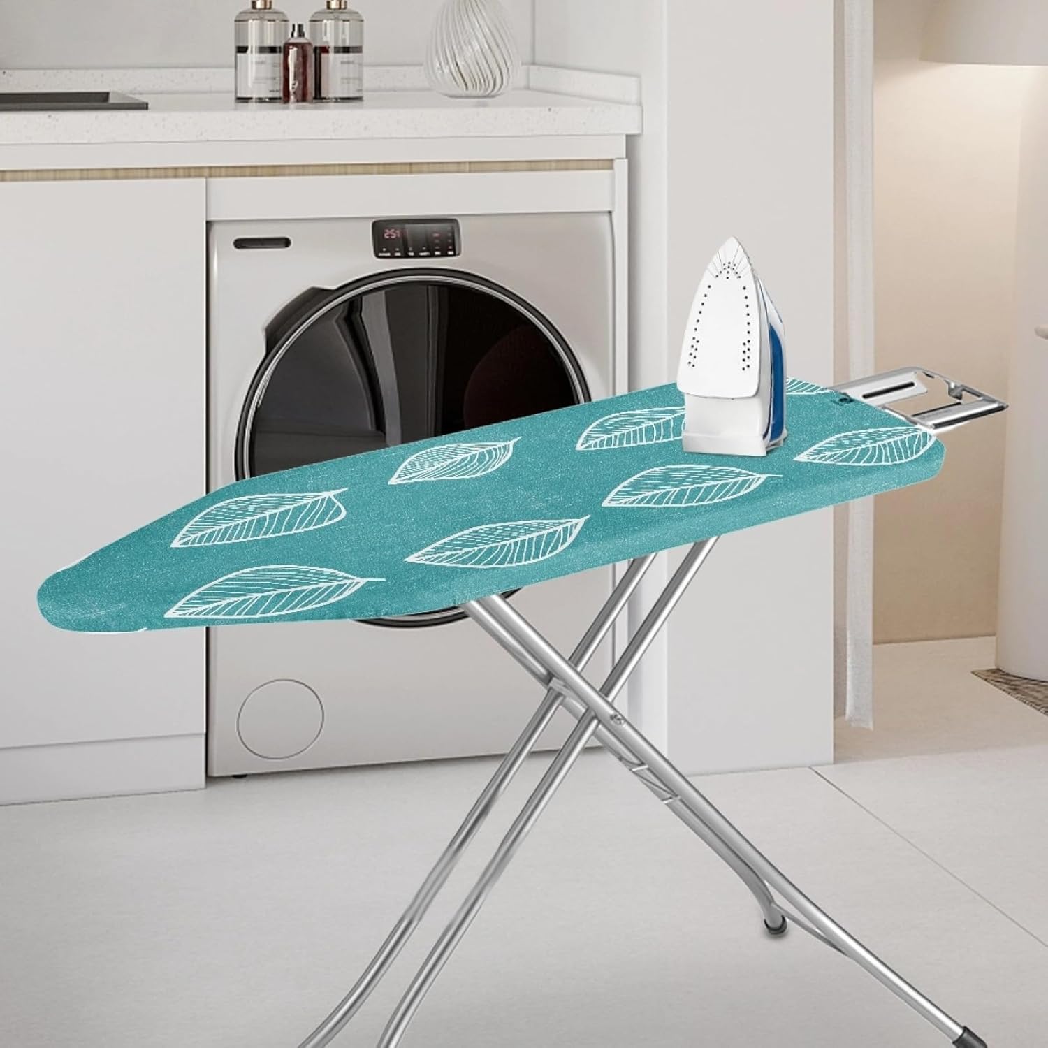 Iron Board Cover with Padding Standard Size Teal Outline Leaf Padded Ironing Board Covers 15x54 Heat Reflective Extra Thick Wide Non Stick Scorch and Stain Resistant Heatproof