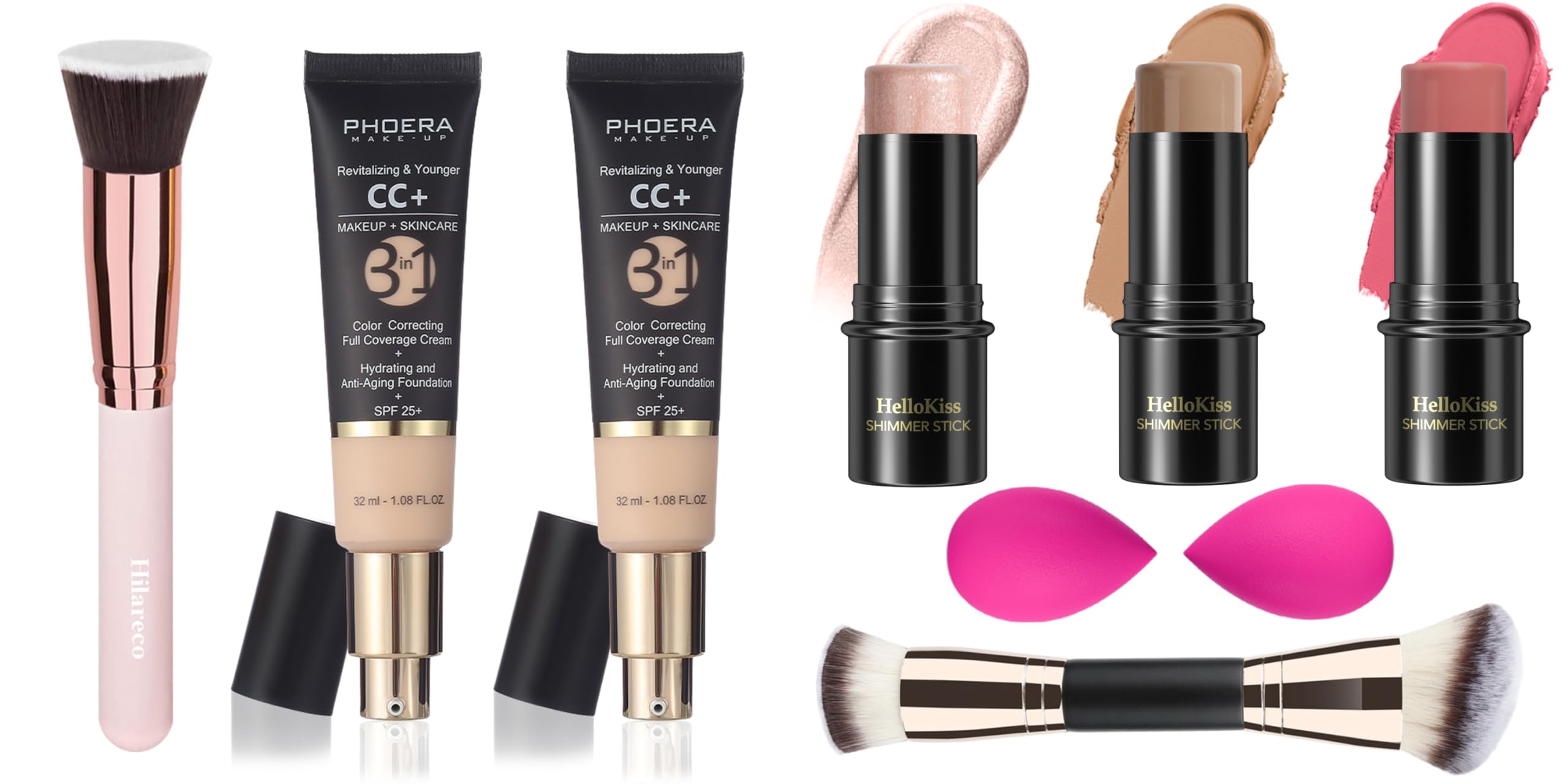 PHOERA CC Cream Foundation With SPF,PHOERA Full Coverage Foundation Color Correcting Cream,3 Pcs Cream Contour Stick Makeup Kit, Shades with Highlighter Stick, Blush Stick and Bronzer Contour Stick