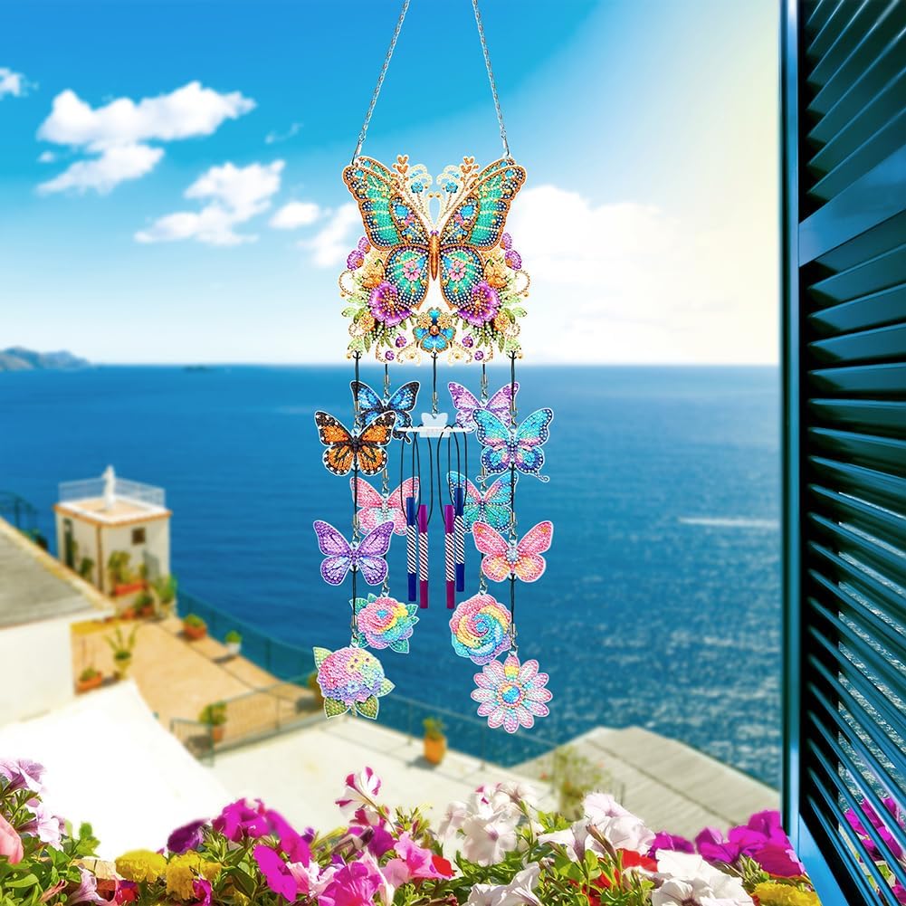 Diamond Art Wind Chimes Kit, Double Sided 5D DIY Diamond Painting Suncatchers Home Hanging Ornament for Garden (Butterfly)