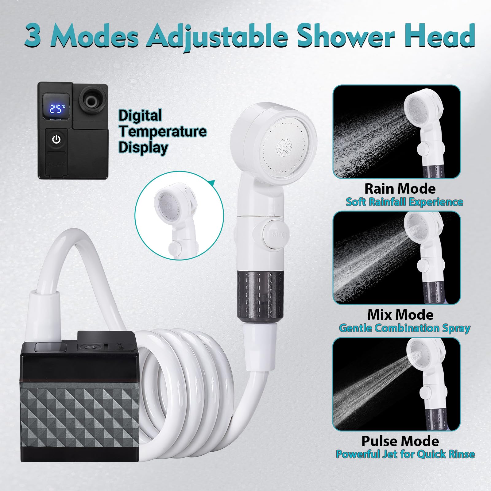 Campingdusche Akku 7500mAh, Tragbare Outdoor Dusche mit Wiederaufladbarer Pumpe | Duschkopf und 2m Schlauch, Mobile Dusche für Camping, Wohnmobil, Garten und Haustiere