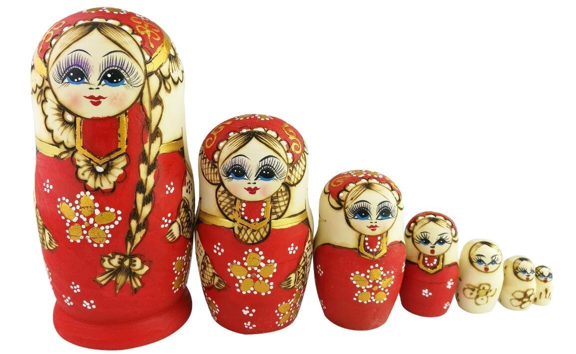 Winterworm Set of 7 7pcs Red Big Braid Montessori Nesting Dolls Russian Wooden Matryoshka Birthday Gifts Home Decoration Preschool Toy