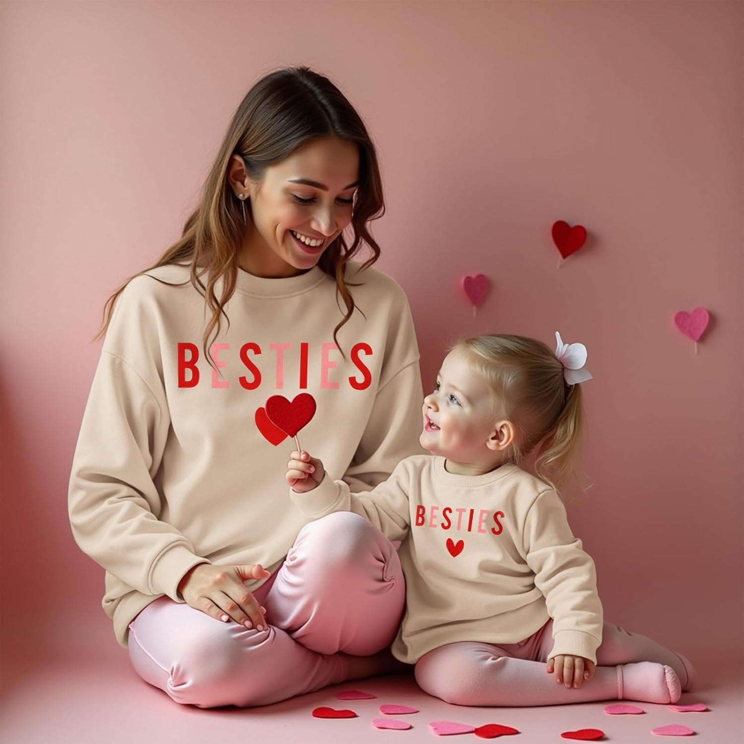 CM C&M WODRO Valentine's Day Family Matching Sweatshirt Mom and Kid Cute Besties Heart Outfit Crewneck Long Sleeve Shirt Tops - Image 2