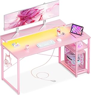 AODK ゲーミングデスク パソコンデスク ラック&コンセント付き 幅120cm 机 pcデスク ゲームデスク gaming desk モニター台&LED付き ゲーミングテーブル 左右入れ替え対応 カーボン調ピンク