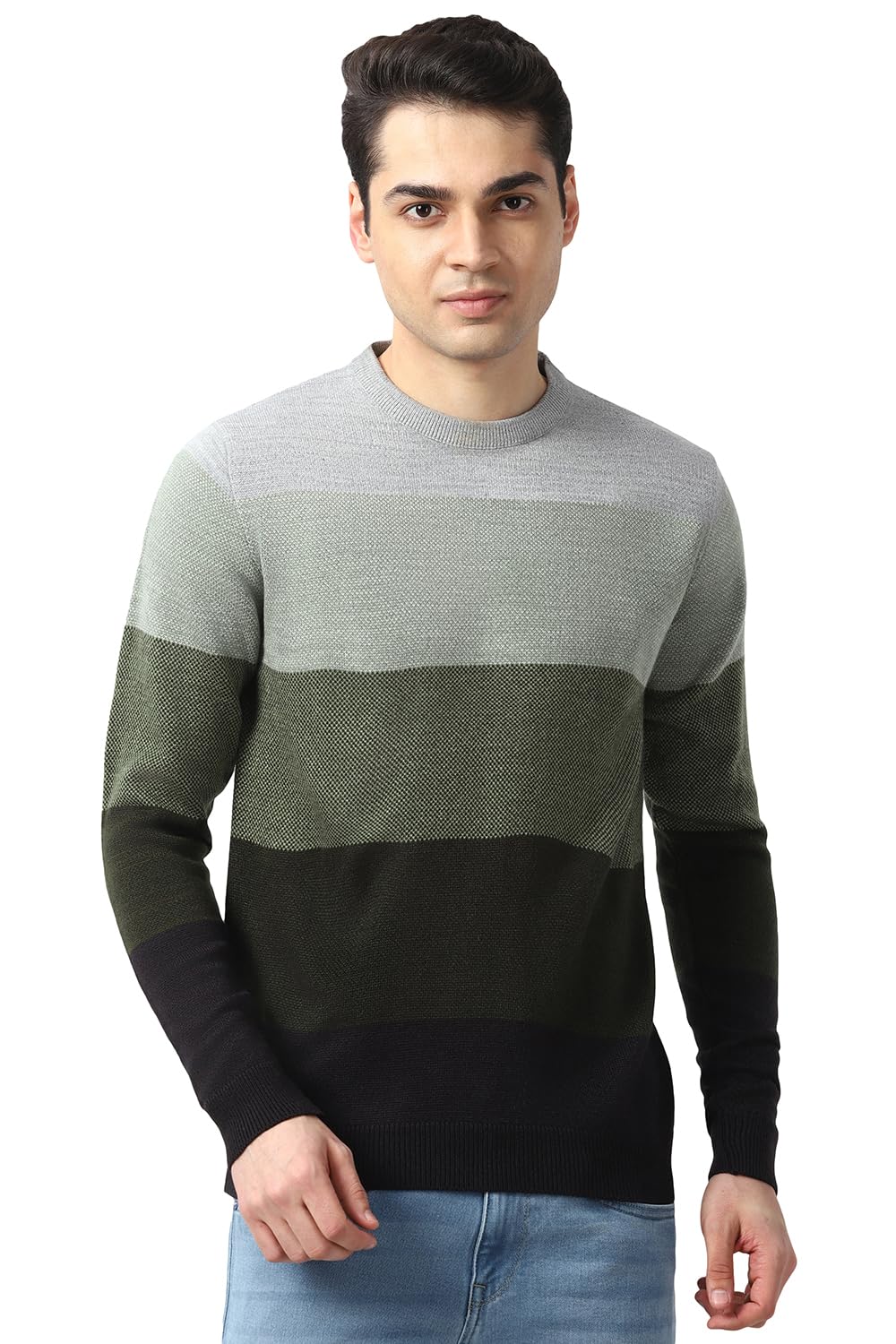 peter england Men Grey Stripe Crew Neck Sweater-picture-36