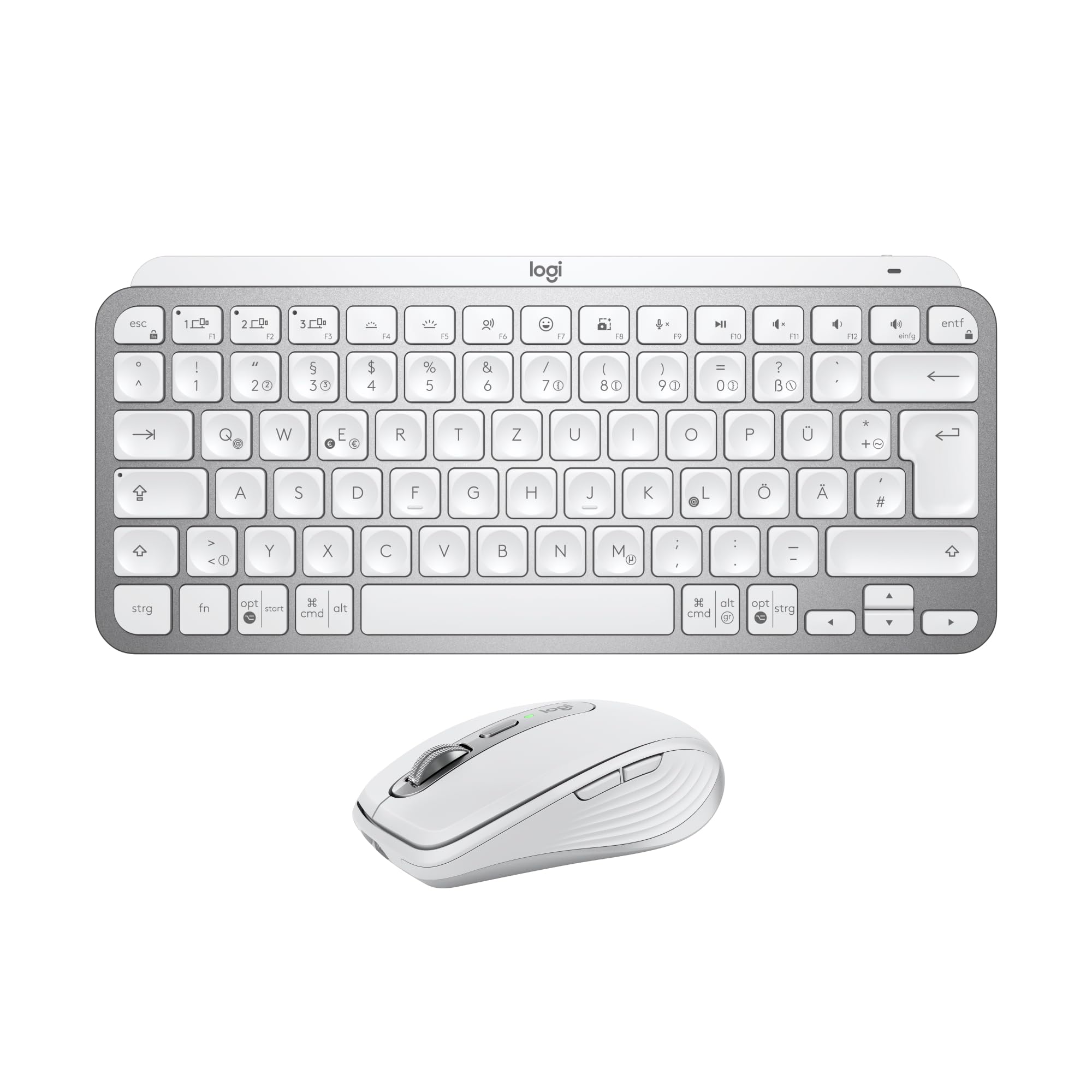 Logitech MX Keys Mini Tastatur + MX Anywhere 3S kabellose Maus – flüssiges Tippen, beleuchtete Tasten, schnelles Scrollen, Bluetooth, kompatibel mit mehreren Betriebssystemen - Hellgrau, QWERTZ-Layout