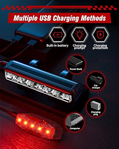 Miniatura 6 de Accesorios de luces de bicicleta para montar por la noche, 6 LED 4800mAh 14000 lúmenes de aluminio recargable por USB, juego de luces de bicicleta