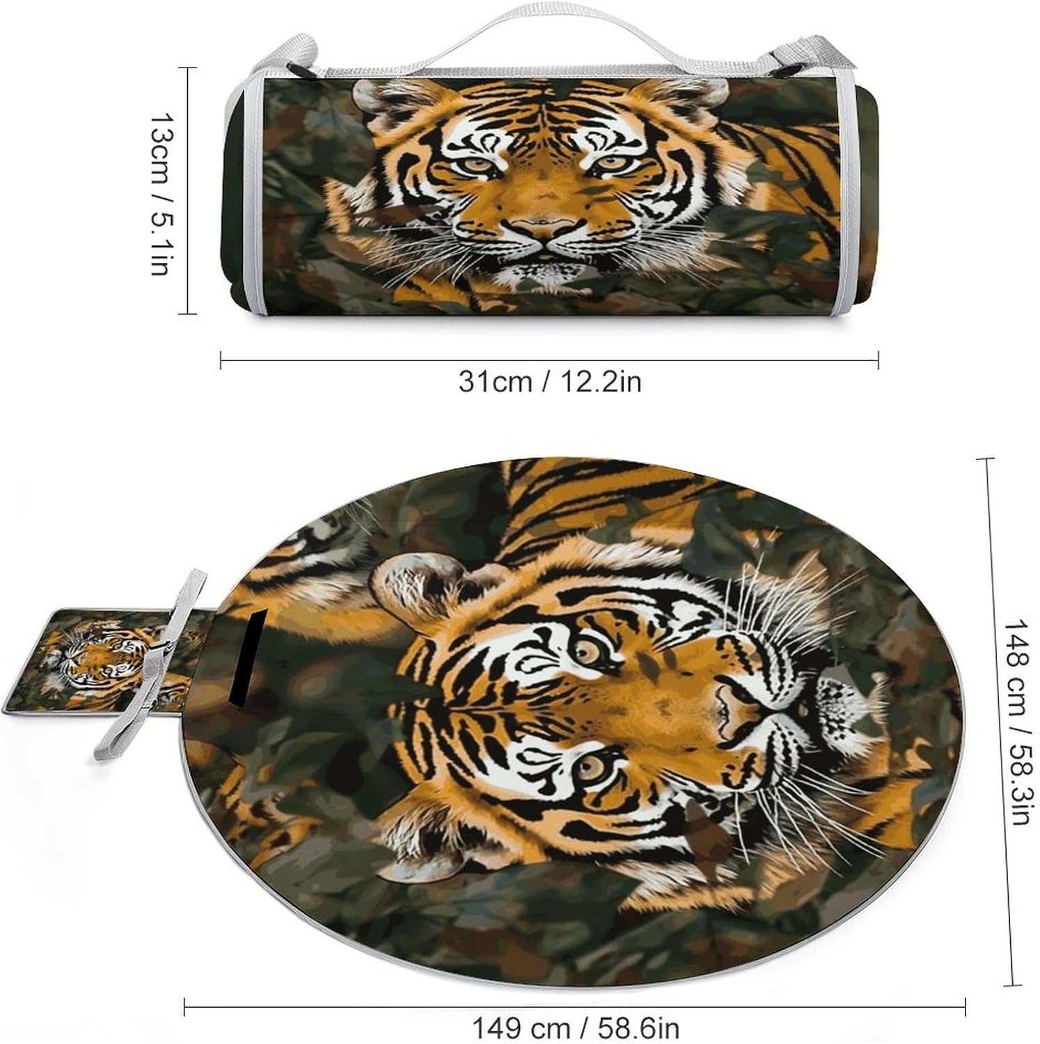 Camouflage Tiger Picnic Mat Lightweight Waterproof Picnic Blankets Extra Large Picnic Outdoor Blankets Foldable Sandproof Beach Blanket for Park Beach Camping Courtyard 58.3''x58.3''