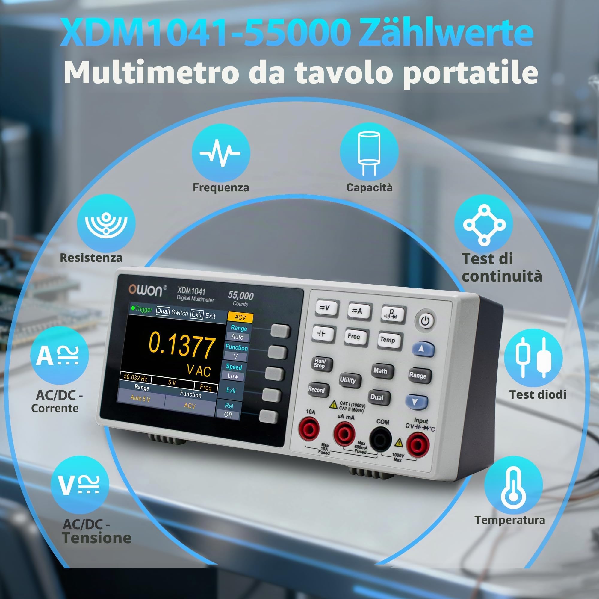 OWON XDM1041 Multimetro Multitester Multimetro Leggero Supporto Record Date SCPI Funzione 55.000 conteggi, 4 1/2 cifre con TFT LCD da 3,5 pollici