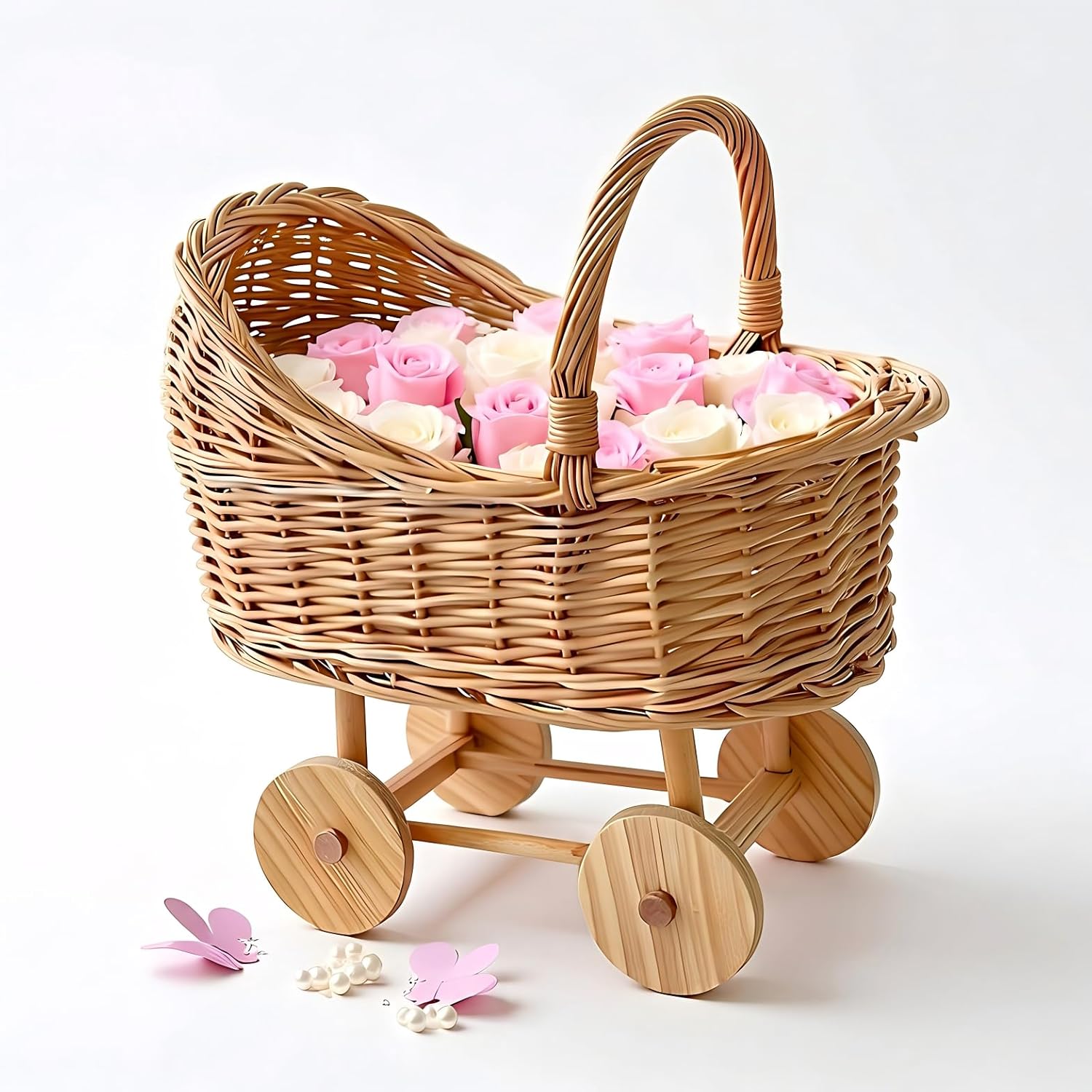Wicker Stroller Flower Basket, Handmade Natural Rattan Baby Carriage Centerpiece, Floral Arrangement Planter for Baby Shower Decor, Wedding Table Centerpieces, Home Garden Gift (Large)