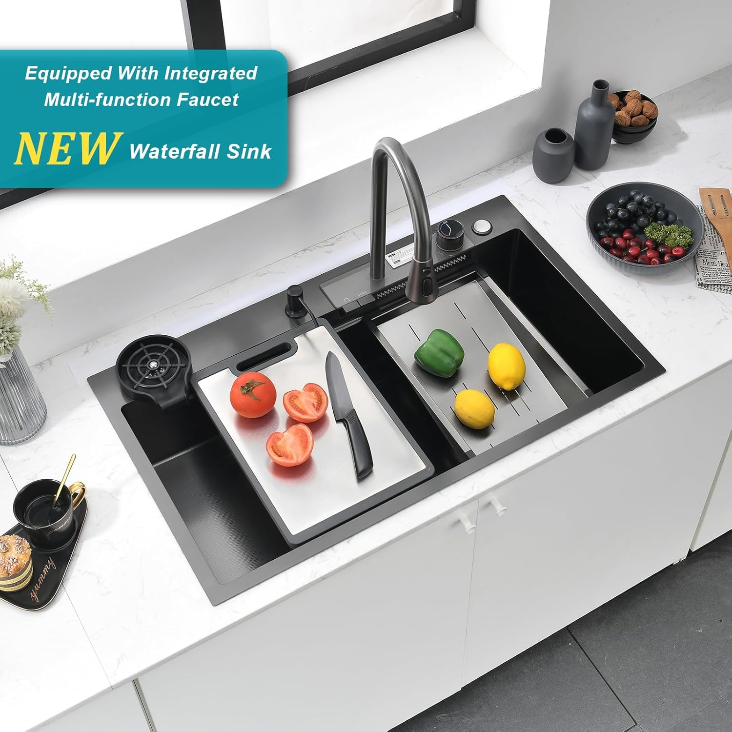 Waterfall Kitchen Sink 30" x 20" Drop-in Single Bowl Sinks, SUS304 Workstation Handmade Undermount Sink With Pull-out Faucet, Cup Washer & Accessories (Black, 30" x 20")