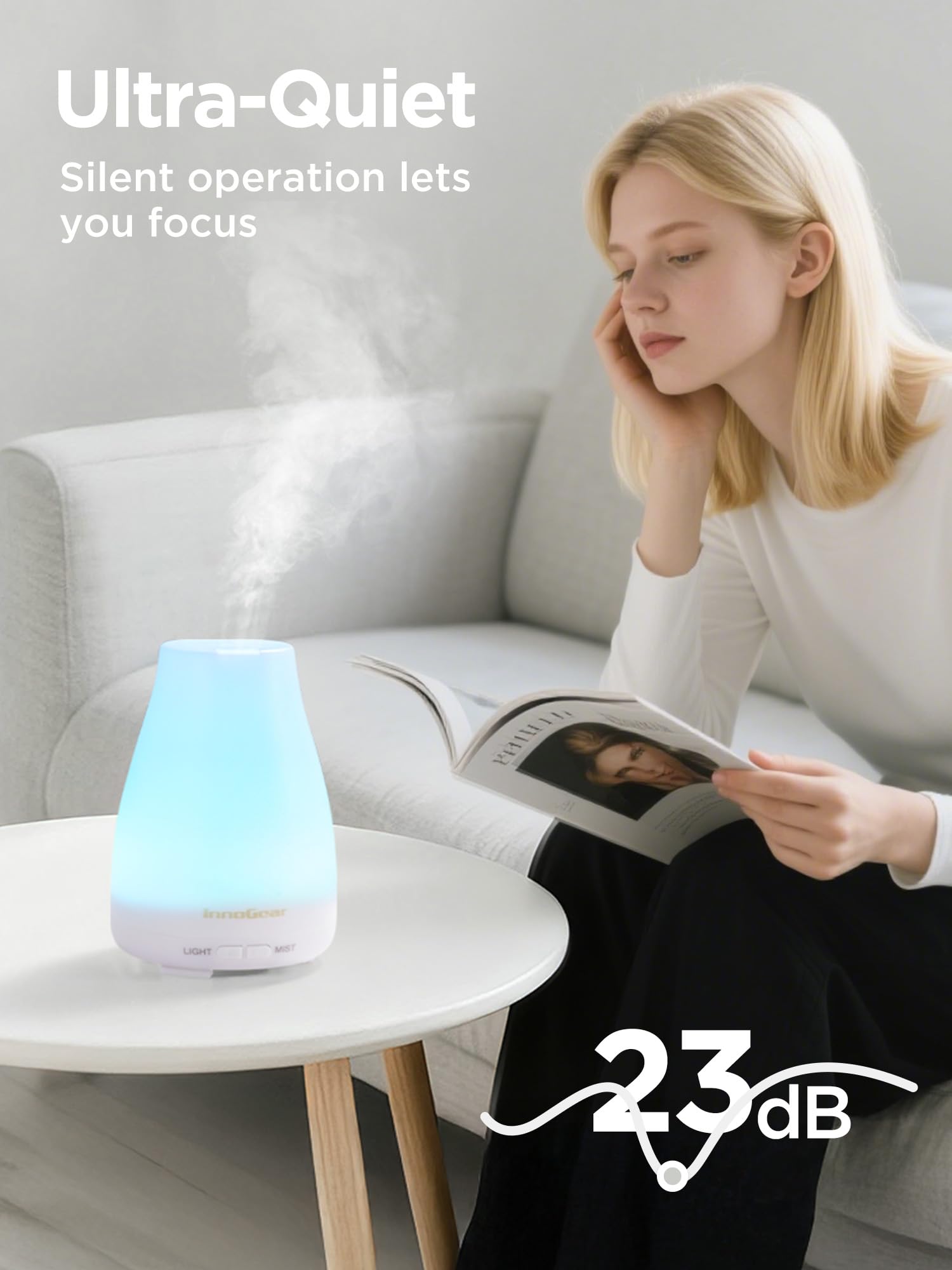InnoGear Essential Oil Diffuser, Ultrasonic Diffusers for Home Aromatherapy Humidifier for Bedroom Room 7 Colors LED 2 Mist Mode Auto Off, Basic White