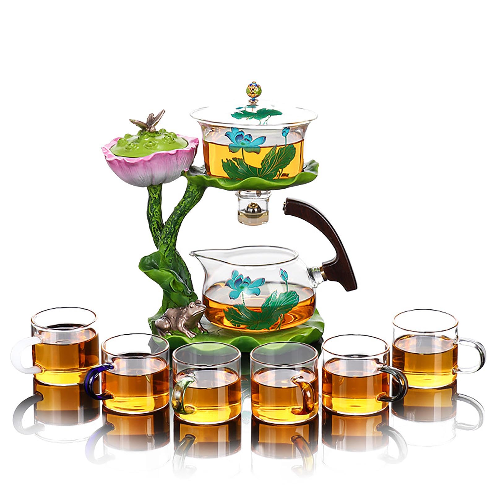 KALWEL,Automatic Tea Set,Magnetic Teapot,Lazy Tea Set,Lazy Kung Fu Glass Tea Set,Drip Teapot,Glass Kung Fu Tea Set, Lotus Moonlight Automatic Tea Set, Home Lazy Brewing Tea Pot(with 6 Cups)