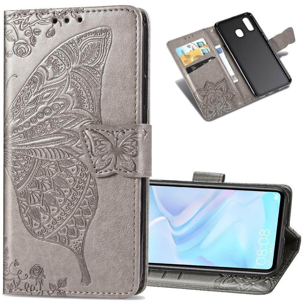 LEECOCO Samsung A20 Case Premium PU Leather Flip Wallet Case Butterfly Embossed Full Body Protection Flip Stand Card Holder Magnetic Cover for Samsung Galaxy A20 / A30 Big Butterfly Gray SD