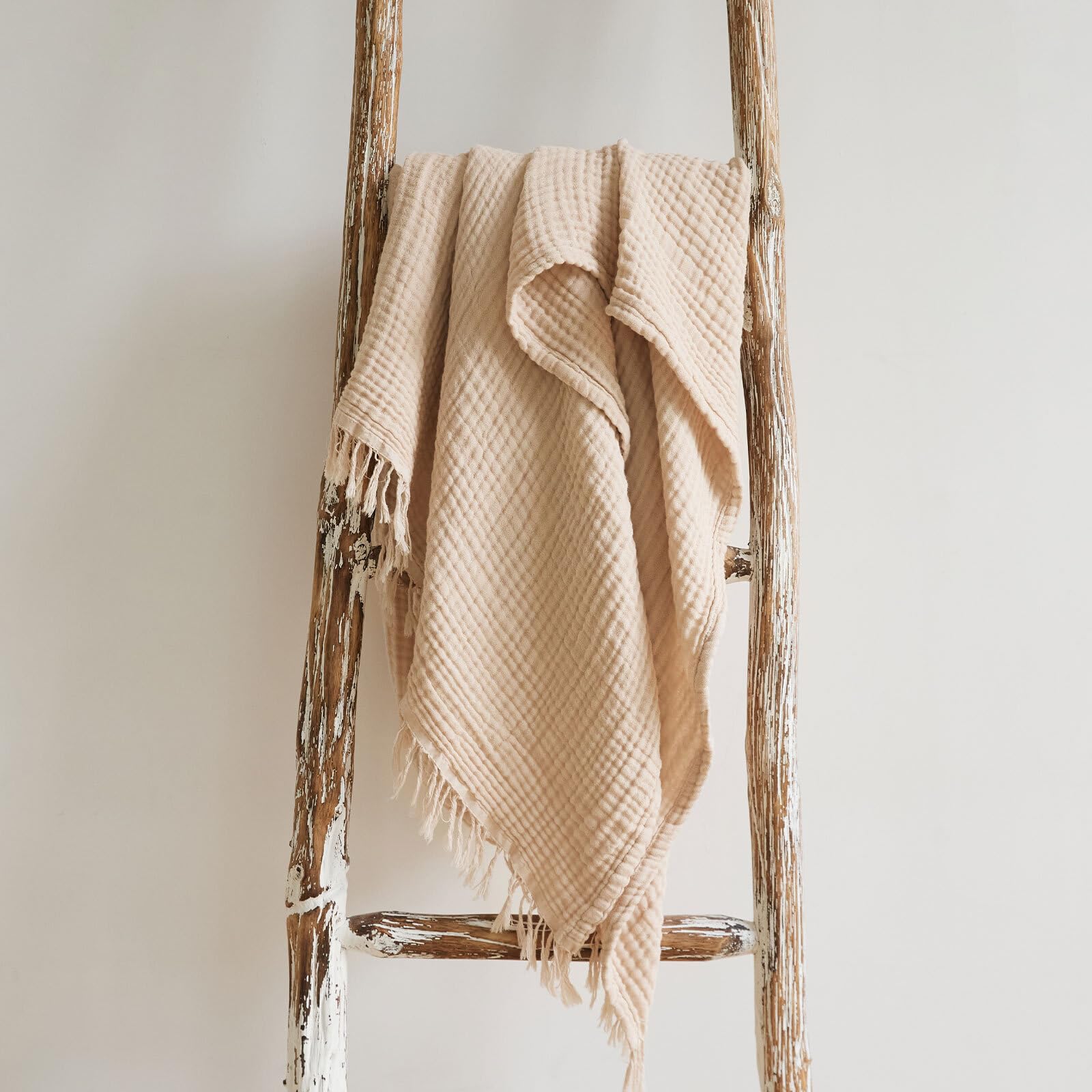 Photo 1 of 51x67 Inch Khaki Muslin Quilt Blankets with Tassels 100% Cotton Beige Throw Blanket for Adults Ultra Soft 4-Layer Gauze Throws for Beds, Sofas, Light Tan