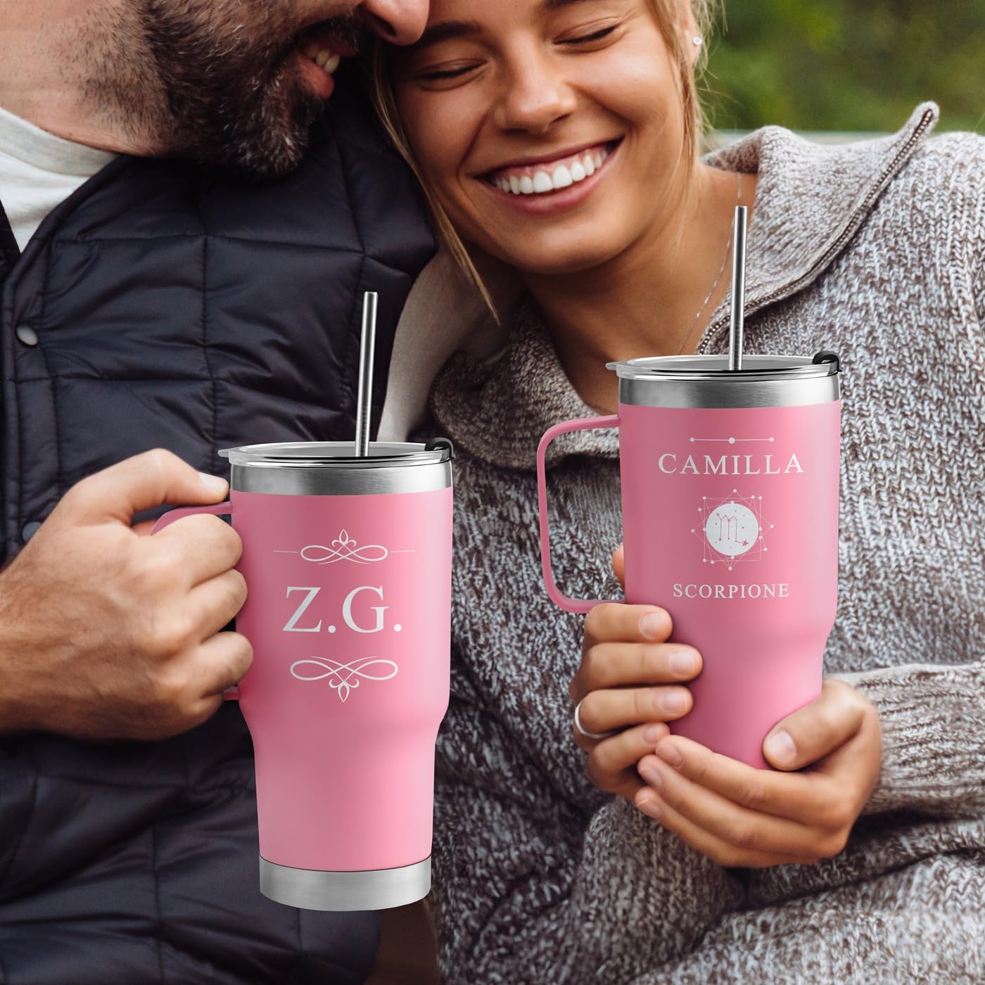 Maverton Tazza termica con manico e cannuccia 600ml - Borraccia con cannuccia acciaio inox - Bicchiere termico rosa - Tazza personalizzata per viaggio accessori utili - Idee regalo donna compleanno
