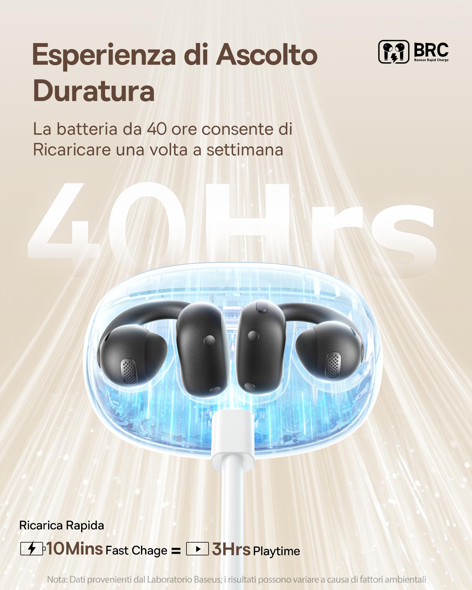 Baseus MC1 Cuffie Aperte, Auricolari a Clip con Suono Impressionante, Potenziamento dei Bassi Adattivo, Bluetooth 5.4, Riduzione del Rumore in Chiamata, IP57, Autonomia di 40 ore, Auricolari di 5,2 g