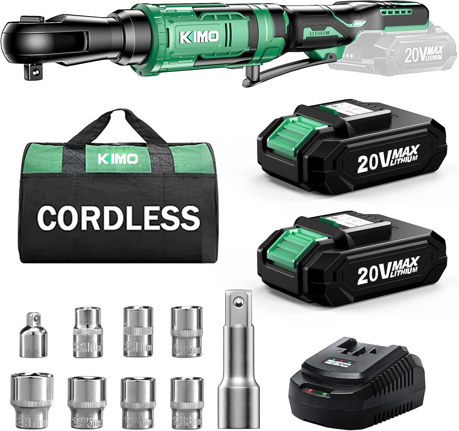 KIMO 20V Cordless Ratchet Wrench 3/8 Set, 74 Ftlbs 400 RPM