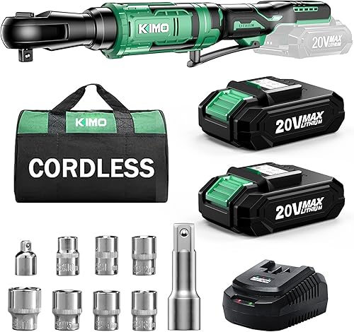 KIMO Juego de llave de trinquete inalámbrica de 20 V, 38, 74 pieslibras 400 RPM, llave de trinquete eléctrica, llave de trinquete con batería con 7