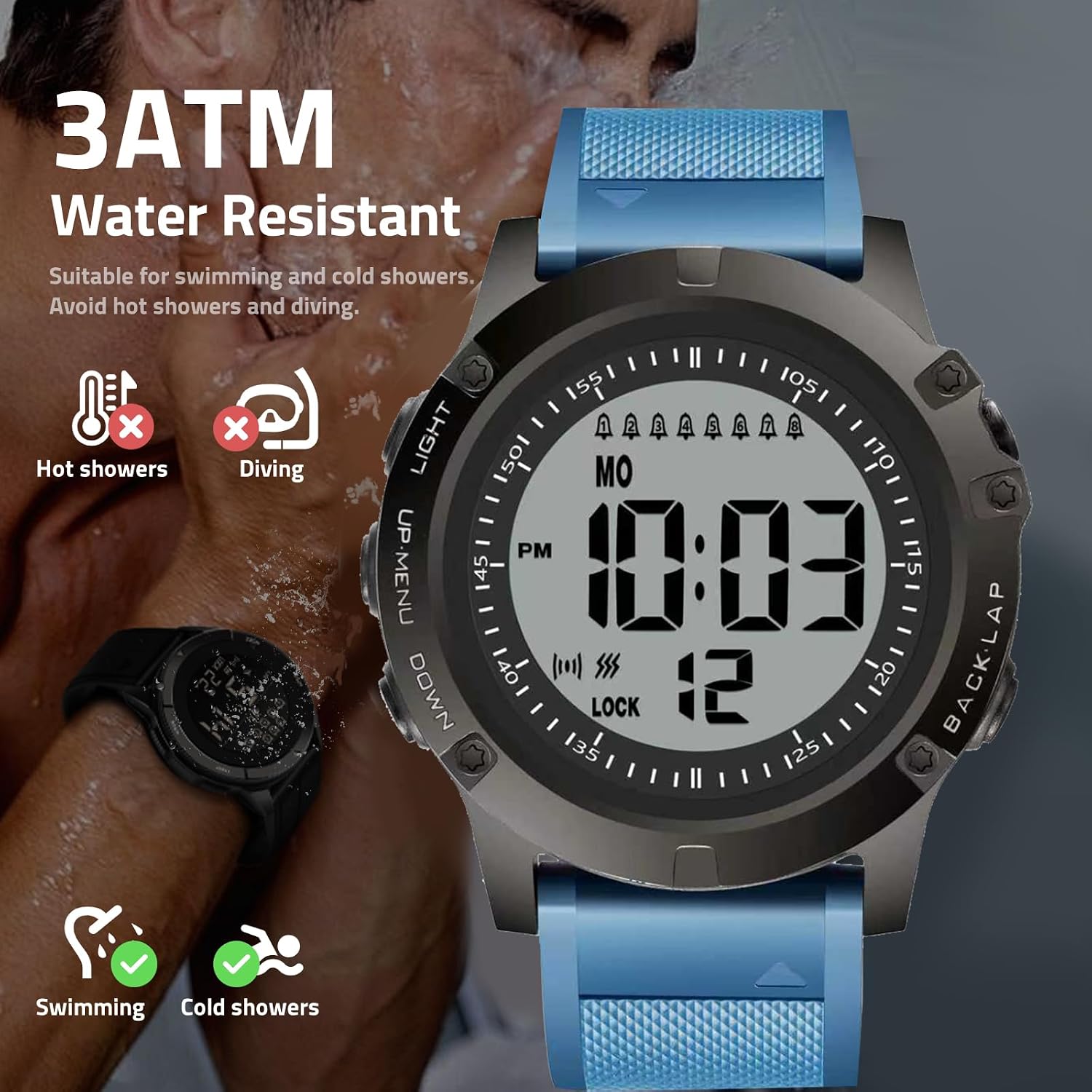 Image showing the TICCI T3VB watch with a '3ATM Water Resistant' label, indicating suitability for swimming and cold showers, but explicitly warning against hot showers and diving.