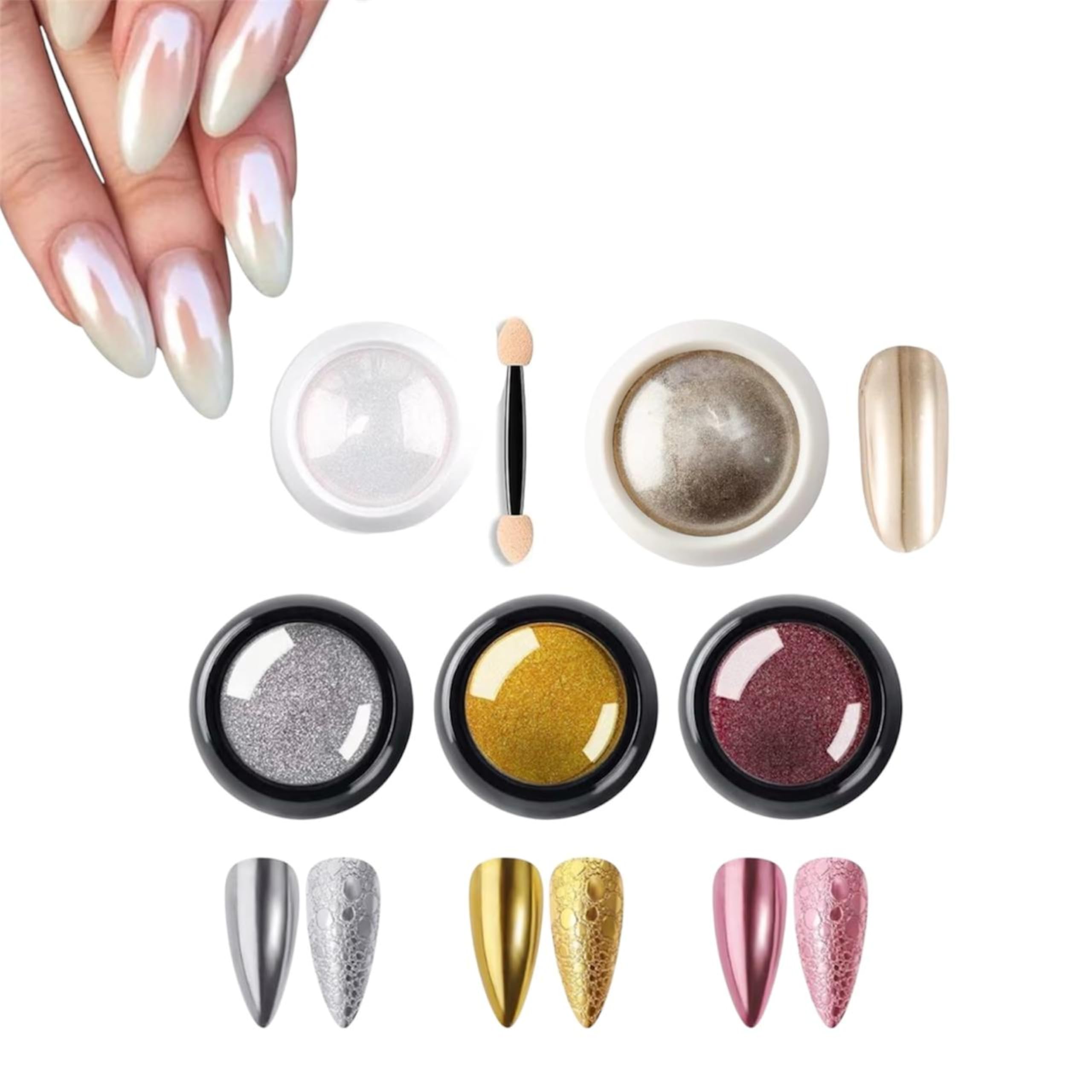 5pcs chrome powder 1.White Pearl Chrome 2.light gold 3.silver 4.gold 5.rose gold Metallic Mirror Effect Nail Art Powder-image-32