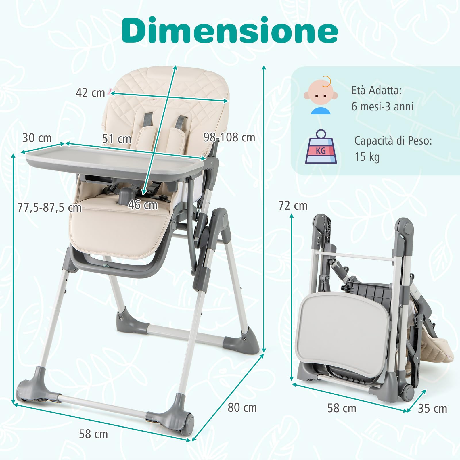 COSTWAY Seggiolone Pappa Pieghevole, Seggiolone Evolutivo per Neonati con Poggiapiedi, Vassoio Staccabile, Altezza Regolabile, Cuscino Sede in PU, Cintura di Sicurezza, per Bambini 6-36 Mesi (Beige)