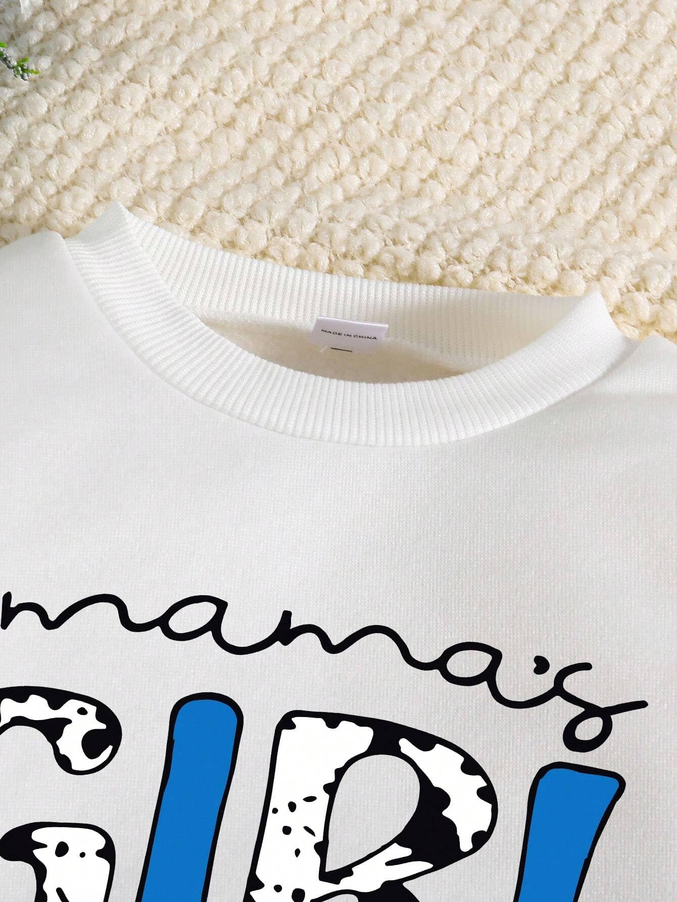 Ropa de niña de manga larga con estampado de dibujos animados y letras + pantalones acampanados con estampado de papelería de frutas