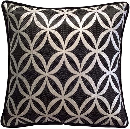 Funda de almohada con patrón circular de satén de 12 x 20 pulgadas, diseño geométrico de celosía circular con ribetes de satén negro para decoración