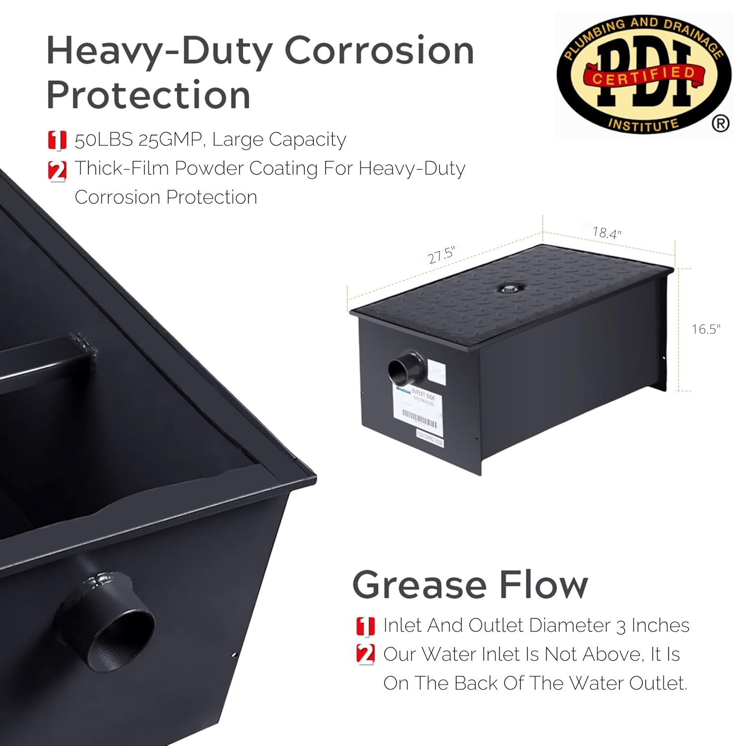 Wentworth grease trap with dimensions and PDI certification logo