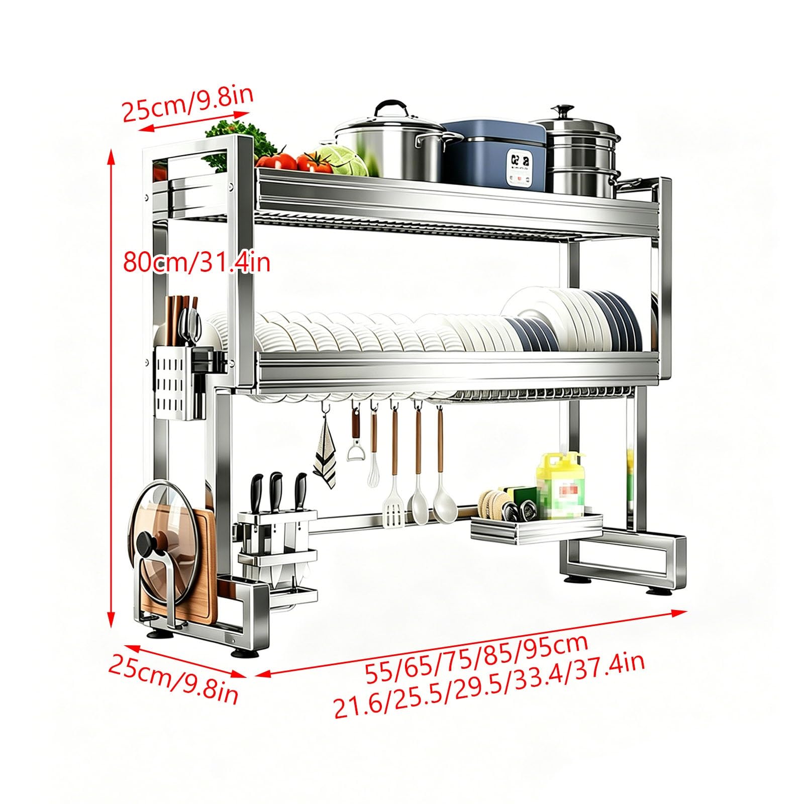 Scolapiatti espandibile a 2 ripiani in acciaio inox con scolapiatti con scolapiatti – Soluzione salvaspazio per asciugare i piatti da cucina per piccoli controsoffitti, ideale per uso domestico e
