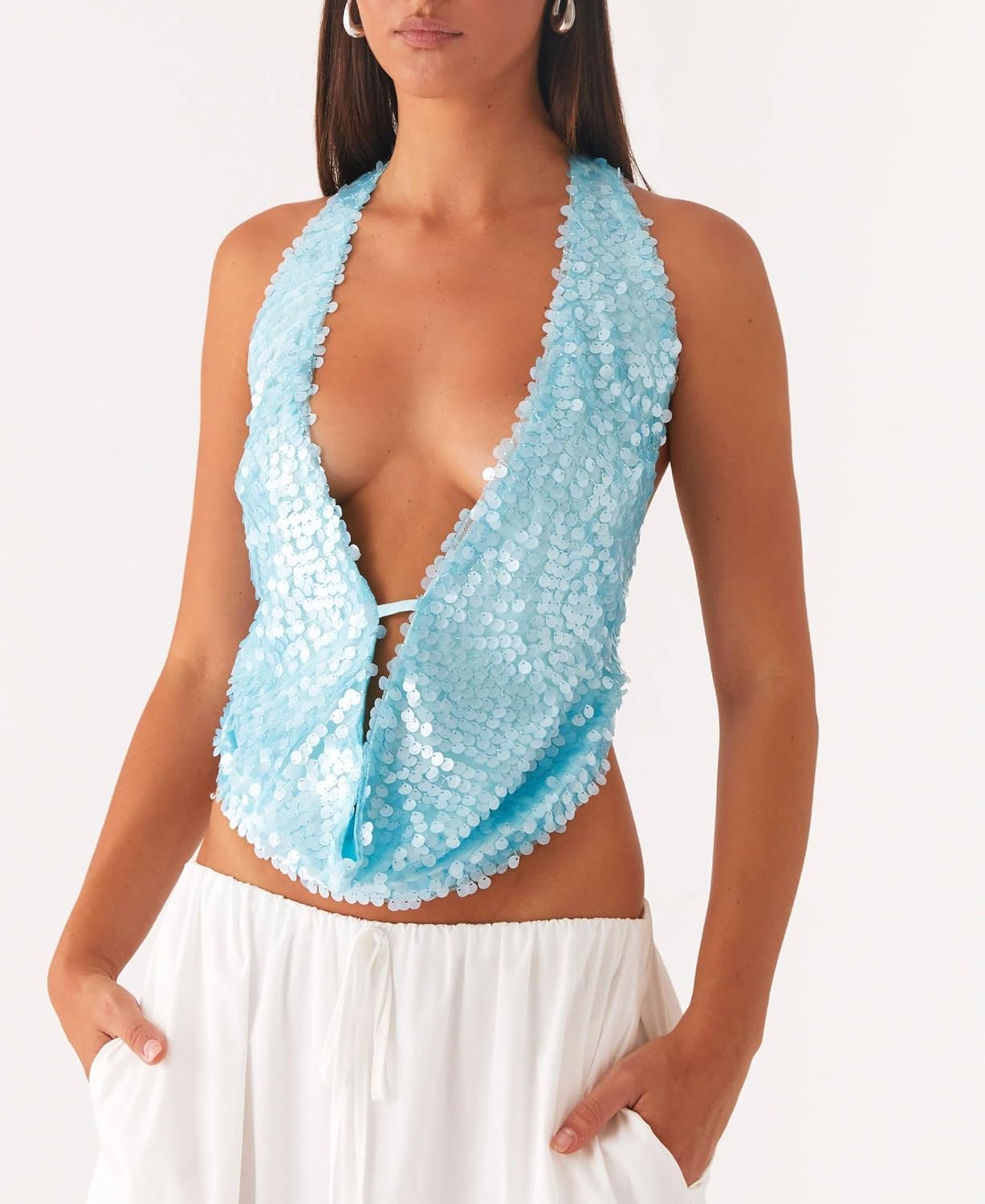 UAURORAO Women Cowl Neck Halter Tops Sexy Draped Front Low Cut Backless Tank Top Ruched Open Back Going Out Crop Tops - Image 2