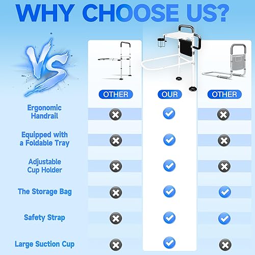 Miniatura 3 de Rieles de cama para adultos mayores con seguridad con bandeja plegable, rieles de asistencia de cama ajustables para personas mayores con luz con