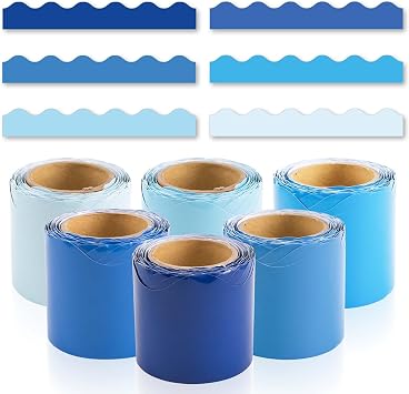 6 Rolls 206.69ft Winter Bulletin Board Decorations, Bulletin Board Borders for Classroom, Boho Scalloped Trim Boho Borders for Back to School Theme Classroom Office Decor Supplies Blue