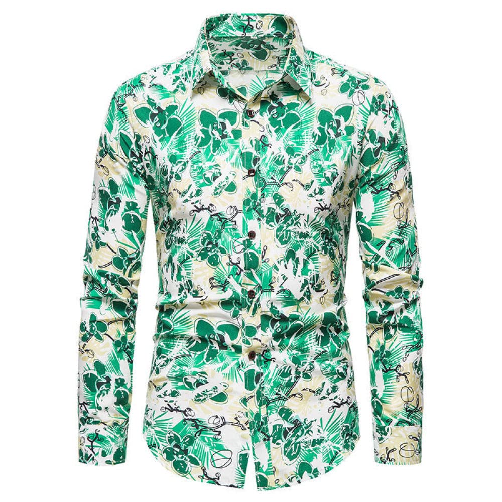 HGJH Hawaii Hemd, Herrenhemd Slim Fit Grün Blumen Blätter Ölgemälde Druck Hawaiihemd Kuba-Kragen Grün Lange Ärmel Button Down Weiches Strandhemd Henley Hemd Für Männer Jungen
