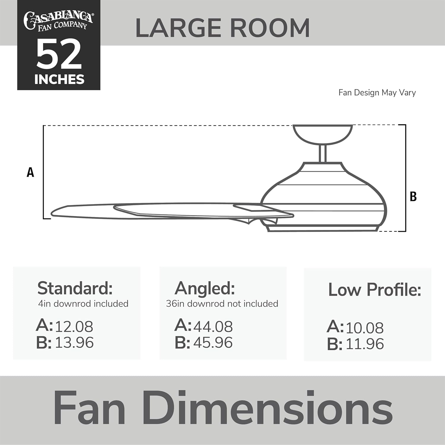Casablanca 52 inch Indoor Ceiling Fan with LED Light and Remote Control - Standard Mount Ceiling Fan, 3 Blades, For Bedroom, Living Room, or Kitchen, Quiet - Wisp 59152, Painted Pewter
