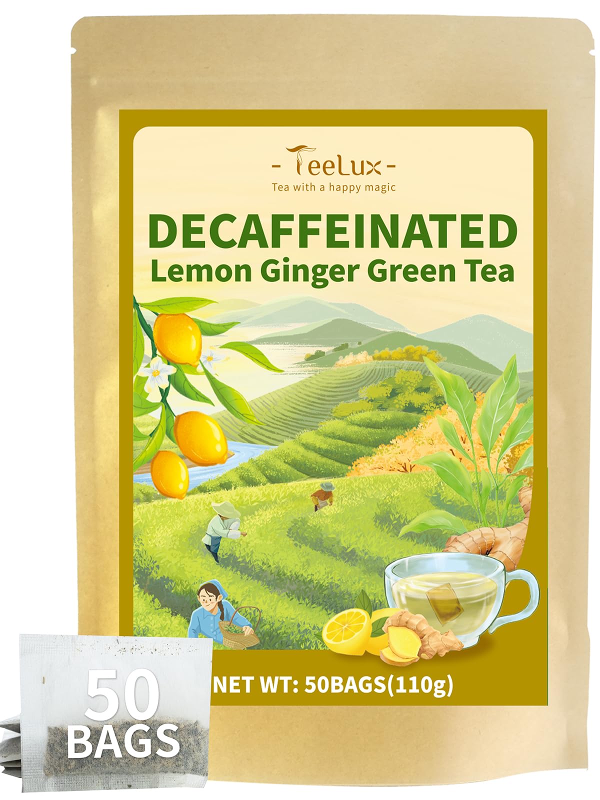 TeeLux Entkoffeinierter Grüntee mit Ingwer Zitrone Tee Beutel 50 Stück, Vegan, Mischung natürliches Zitronenaroma, Ingwerwurzel, entkoffeinierter Sencha Grüner Tee, würzig & wohltuend & gesund