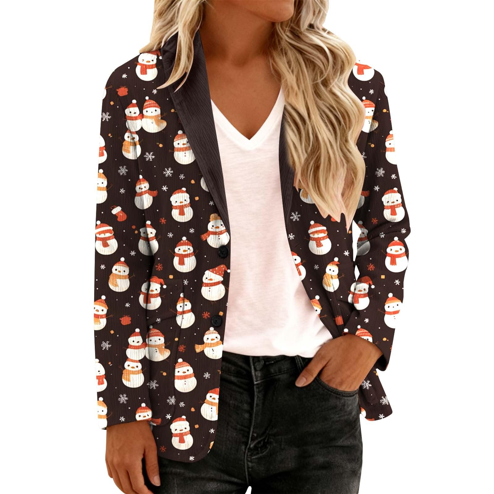 Womens Christmas Party Blazer Novelty Printed Snowflake X-mas Graphic Casual Holiday Jackets Button Lapel Fit Sport Coat